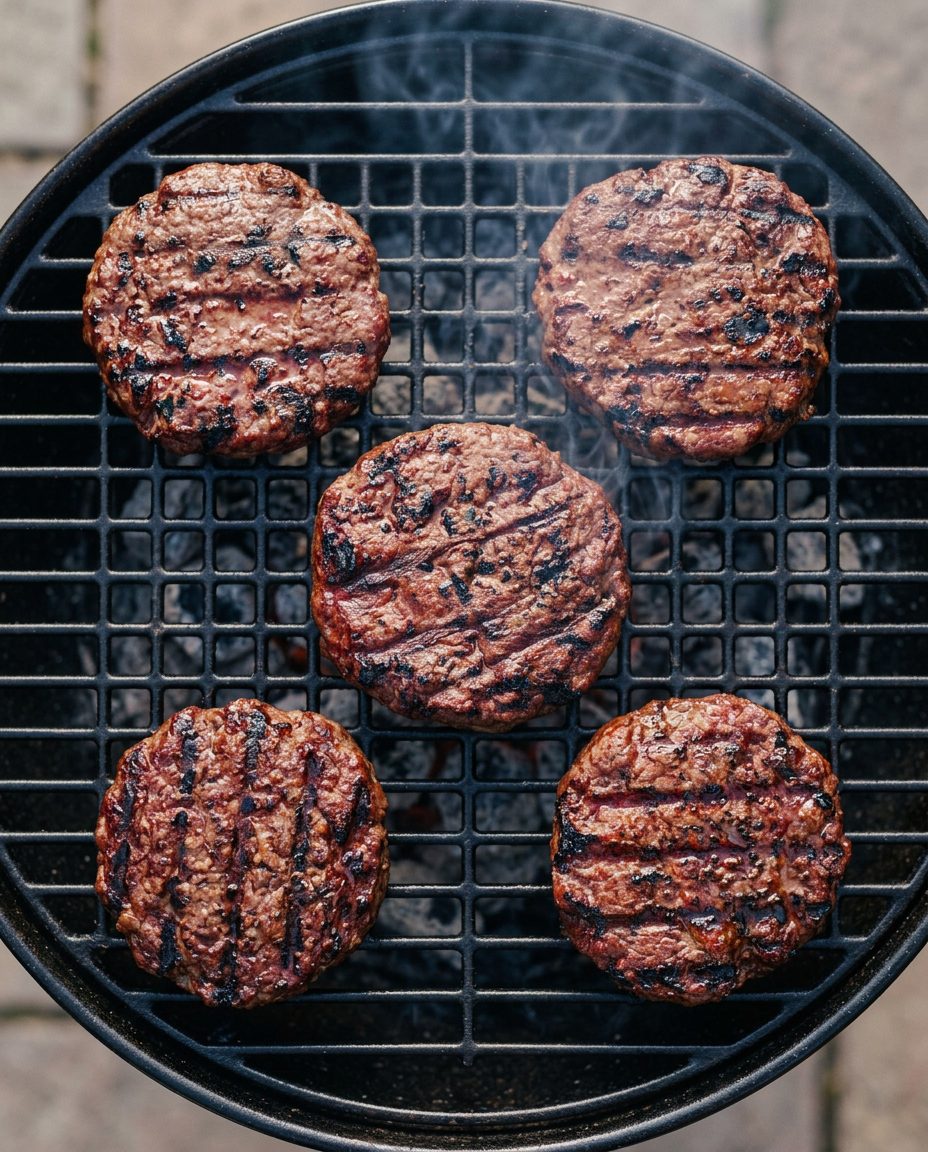 Beef patties and hot dogs cooking over charcoal