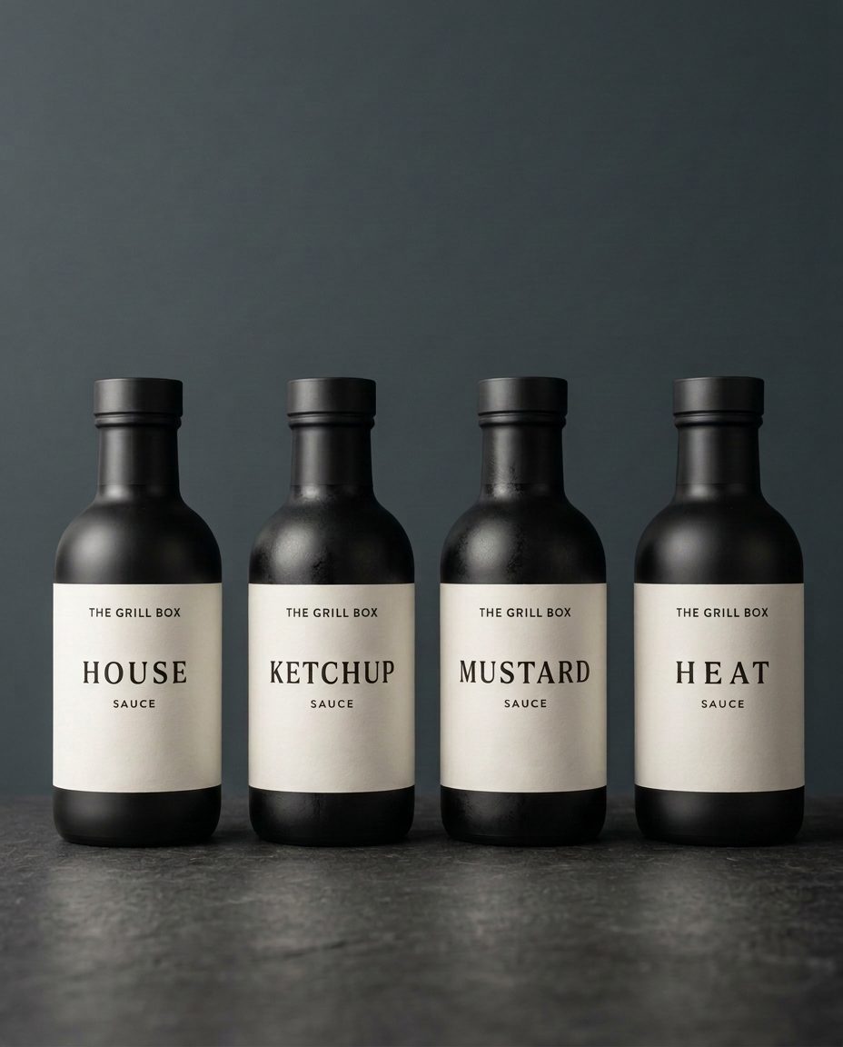 House sauces lined up beside a grill